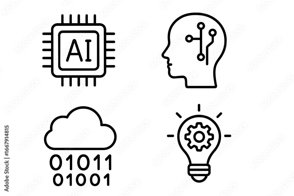 Poster artificial intelligence line icon set. ai technology, machine learning, and big data symbols. vector