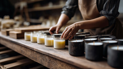 Female artisan in a candle workshop arranging finished soy candles on a wooden shelf.