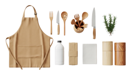 Kitchen essentials including apron utensils rosemary and containers against a