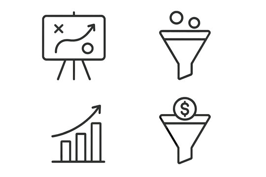 Marketing strategy and sales funnel vector icon set. Icons for business plan, lead generation, conversion, financial growth chart, and ROI. Outline pictograms for infographic.