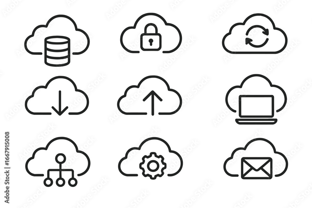 Poster cloud computing outline icon set. data storage, security, and sync symbols. vector line art illustra
