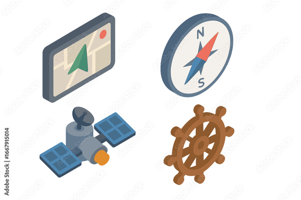 Poster navigation and orientation isometric icon set. gps device with map, compass, satellite and ship stee