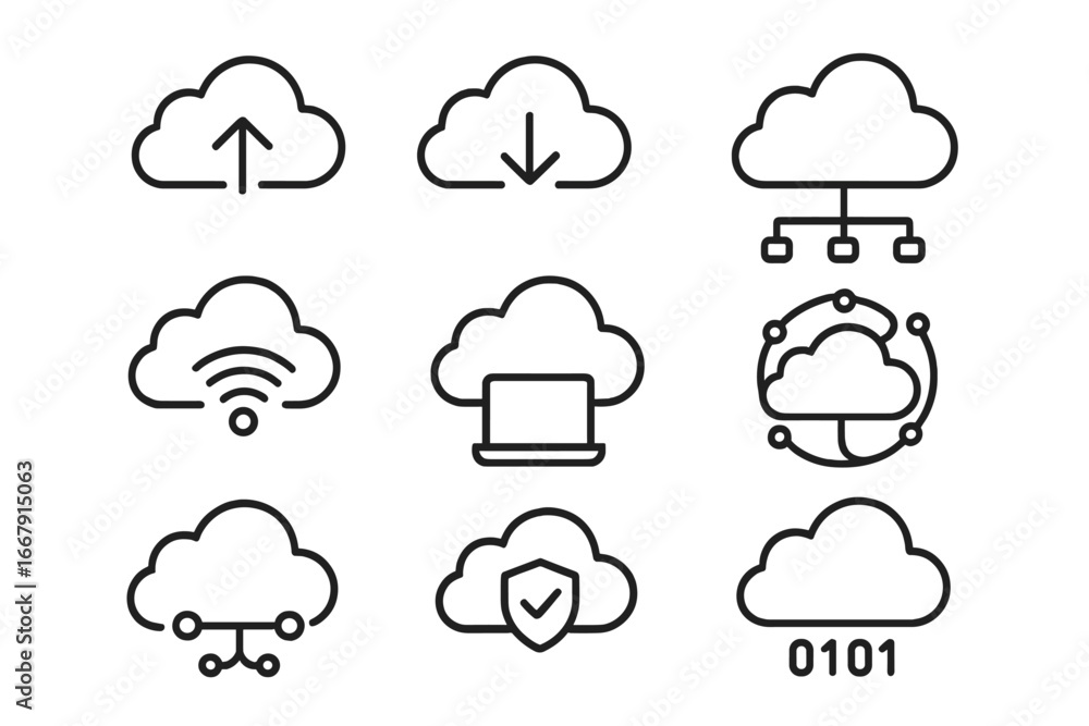 Poster cloud computing vector line icon set. symbols for data storage, network, upload, download, server, s
