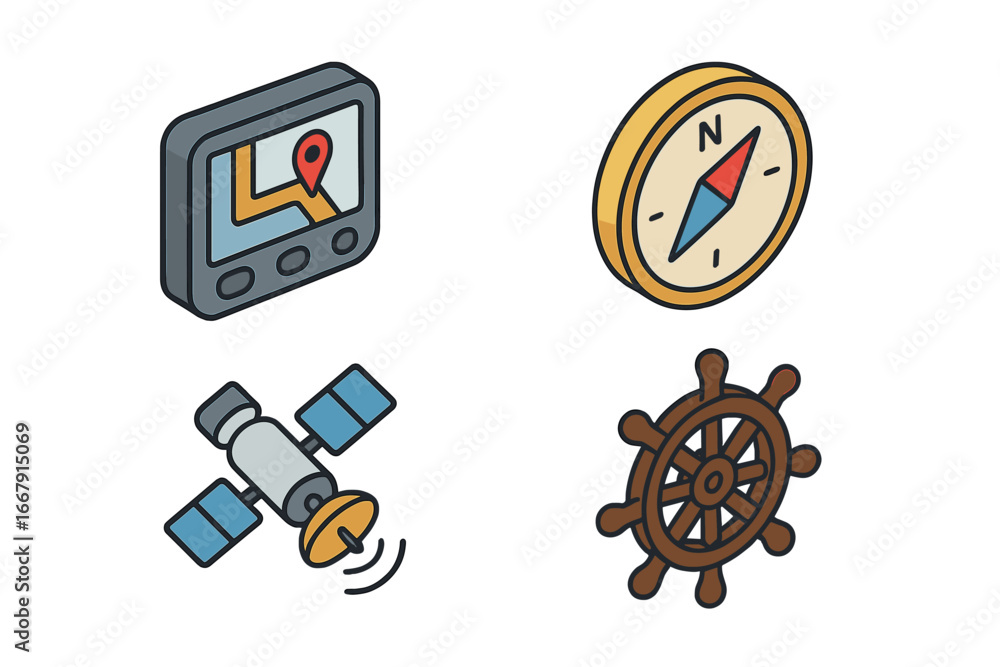 Poster isometric navigation icon set. gps device with map pin, compass for orientation, satellite for conne