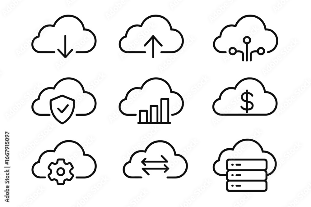 Poster cloud services line icon set. technology, business, data storage, network symbols. vector concepts f