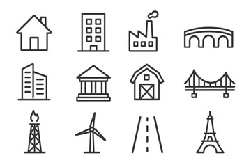 Building and landmark line icon set. Urban and industrial architecture collection. Real estate, energy and infrastructure outline symbols. House, bridge, factory vector signs.