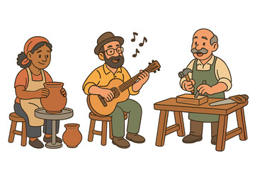 Artisans people making traditional crafts. Woman potter at wheel, man playing guitar, carpenter woodworker. Creative hobby, handmade workshop, music, pottery, wood carving vector set.