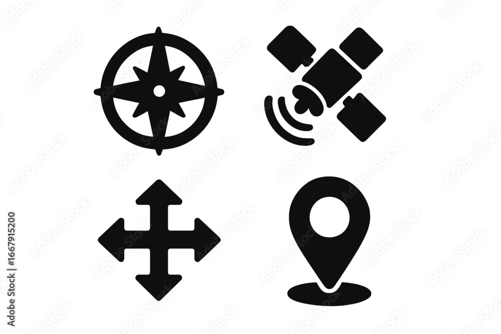 Aufkleber navigation glyph icon set vector. solid black symbols for web and mobile ui. compass rose, gps satel