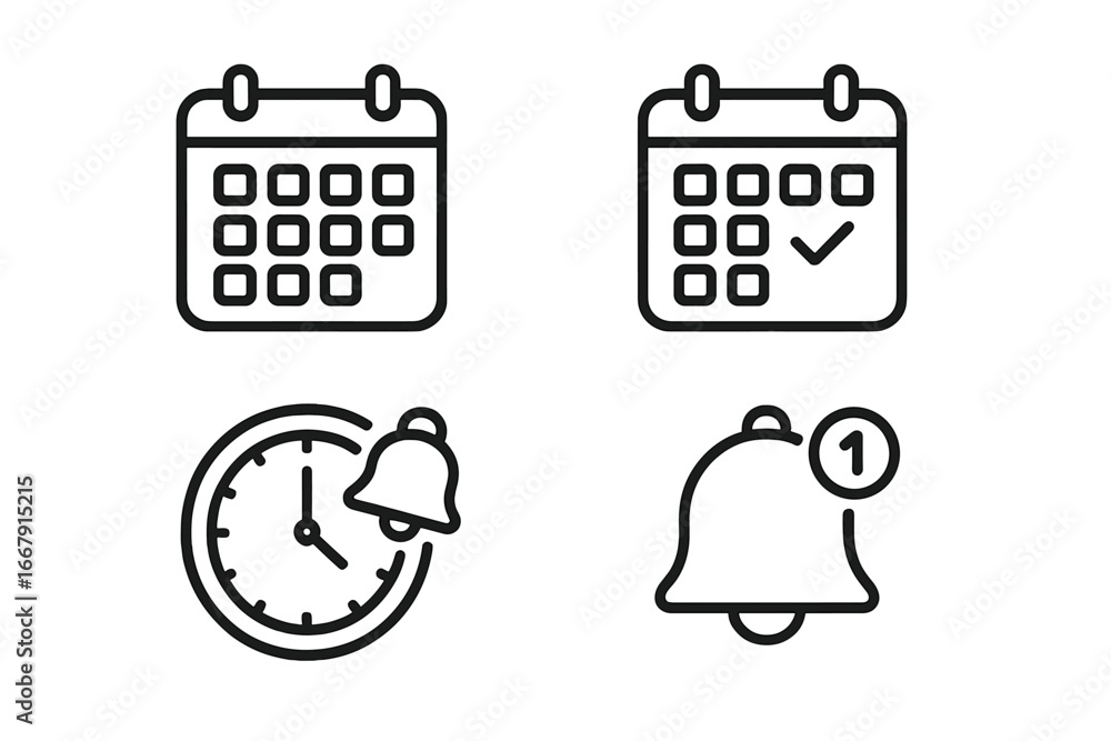 Poster calendar and reminder icon set. schedule, appointment, and notification symbols. time management, de