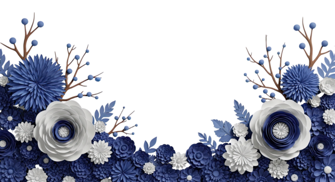 Elegant floral arrangement with blue and white paper flowers - Powered by Adobe