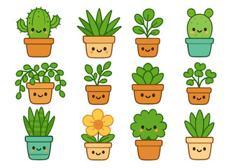 Kawaii potted plants characters set. Cute smiling succulents, cactus, and houseplants in pots. Vector cartoon illustration collection. Happy friendly plant faces for stickers.