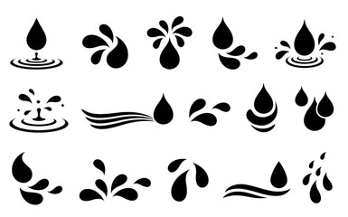 Black drops silhouette, liquid droplets, splash and waves