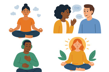 Mental health and well-being concepts. Diverse people practicing mindfulness, meditation, communication. Set of vector illustrations for psychology, therapy, support, self-care.