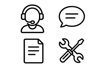 Customer support icon set. Call center operator, helpdesk service, technical assistance, online consultation. Headset, chat, document, repair tools. Contact us pictograms.