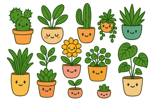 Set of cute kawaii plant characters. Houseplants in pots with funny smiling faces. Cartoon vector collection of succulent, cactus, flower. Mascot icon pack for sticker design.