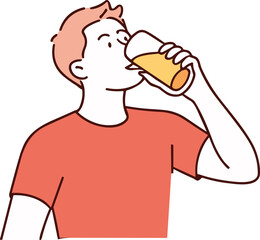 Cartoon person in red shirt drinking yellow juice, refreshing moment, beverage concept, vector illustration, casual style on white background