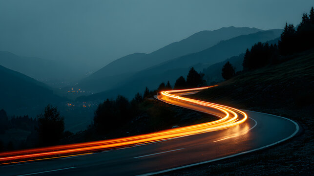 Motion blur from cars drivng on a winding scenic roa at twilight