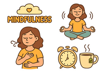 Mindfulness and relaxation vector element set. Woman in yoga lotus pose and deep breathing. Icons for self-care, mental health, stress relief, calm, and well-being.