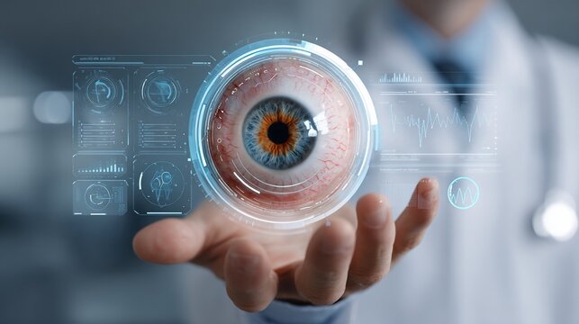 Doctor's hand holding eye, augmented reality, hospital, examining, medical, technology