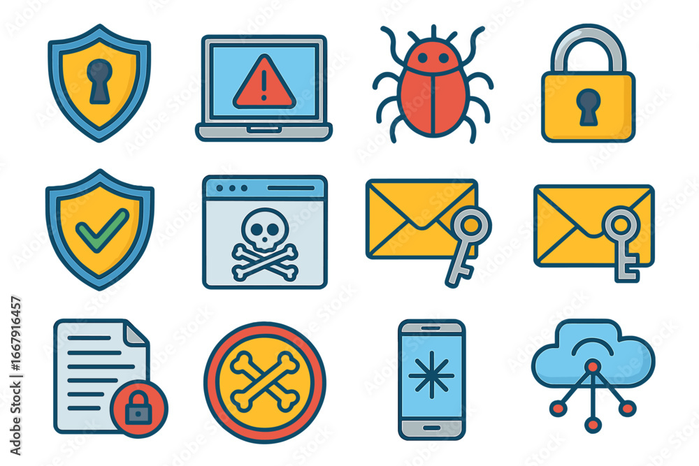 Poster cybersecurity icon set. internet security, data protection concept. virus, malware, hacking, encrypt