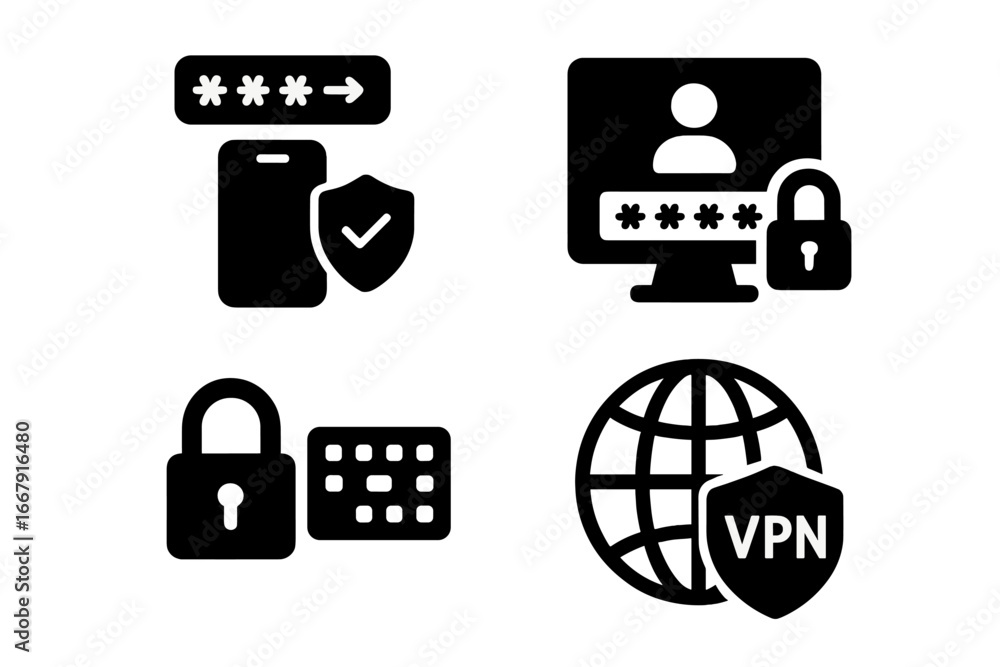 Poster security solid icon set. vector glyphs for two-factor authentication, secure login, password protect