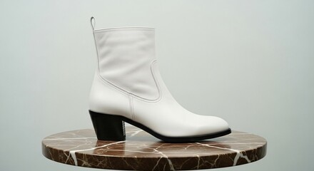 Elegant white leather boot on marble table, perfect for fashion campaigns