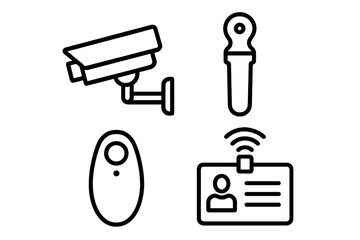 Security and loss prevention outline icon set. Vector icons of surveillance camera, CCTV, anti-theft tag, detacher, RFID access card, and employee badge scanner.