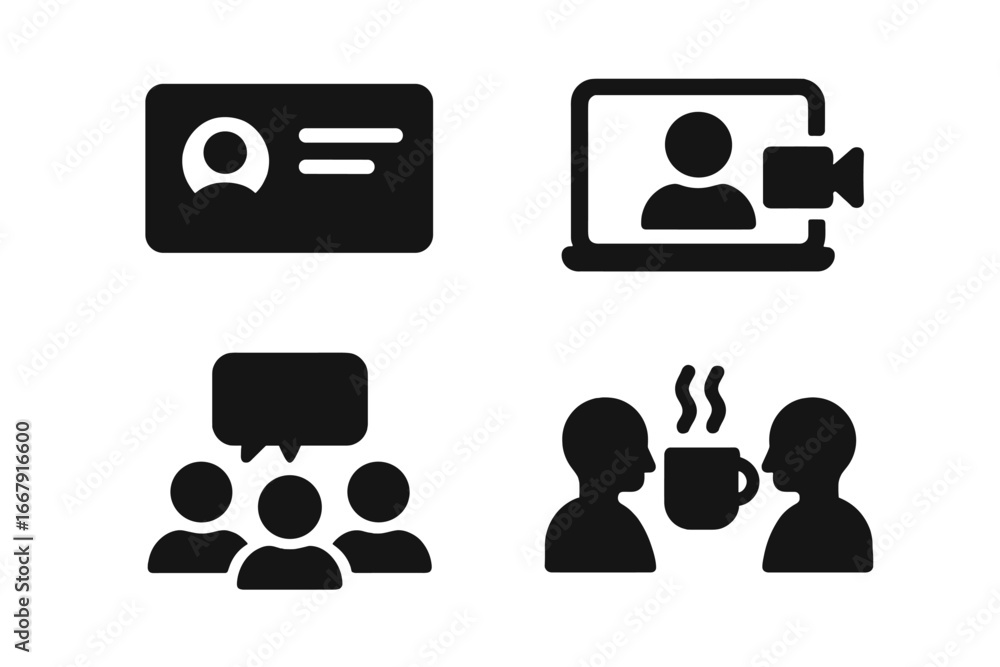 Poster networking and collaboration solid icon set. business communication glyphs. vector symbols for profe