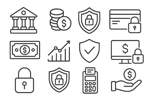 Finance and security outline icon set. Banking, investment, and secure payment symbols. Vector collection for money transaction, online banking, and financial protection concept.