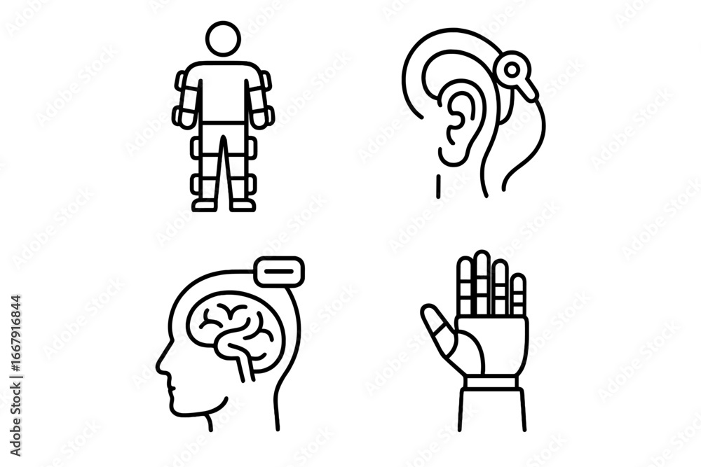 Poster neuroprosthetics outline icon set. robotic exoskeleton, cochlear implant, bionic hand, brain compute