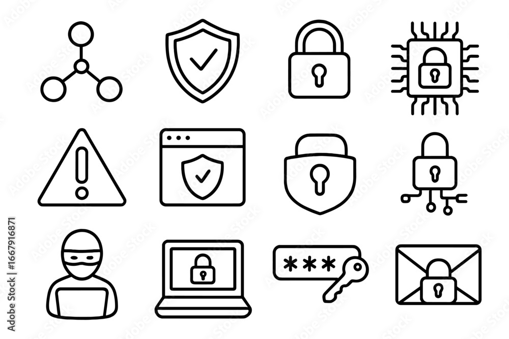 Aufkleber cybersecurity outline icon set. network protection and data security symbols. vector collection of i