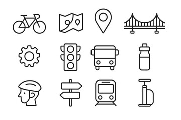 Cycling and public transport linear icon set. Bike travel symbols collection. Urban transportation, navigation, map pin, bus, train, bridge, helmet, gear, pump vector icons.