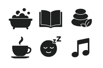 Self care glyph icon set. Relaxation, mental health, wellness symbols. Activities for stress relief: bubble bath, reading book, spa zen stones, music, tea, sleep pictogram.