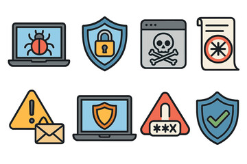 Digital security icon set. Cybersecurity concepts illustrating online threats, data protection, and safety. Antivirus, malware, phishing, hacking, and privacy vector icons.