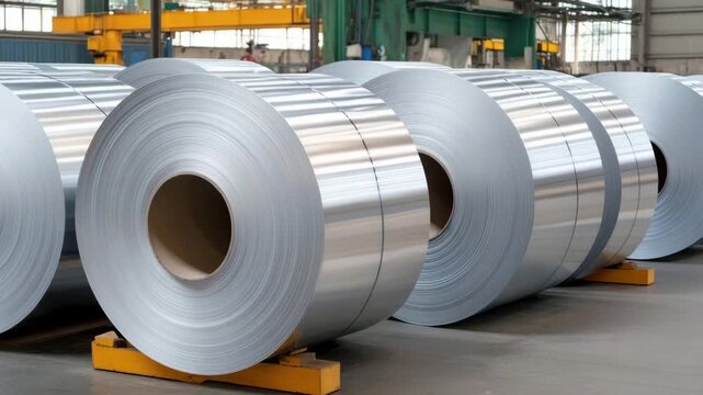 Metal coil steel coil industrial material factory manufacturing metal sheet shiny metal rolled metal warehouse production line large metal coil rolls with shiny silver surface stored industrial