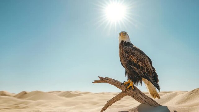 Bald eagle perched dry branch desert bright sun with clear blue sky and sand dunes showcasing majestic bird of prey natural arid environment with detailed feathers and sharp gaze serene wildlife