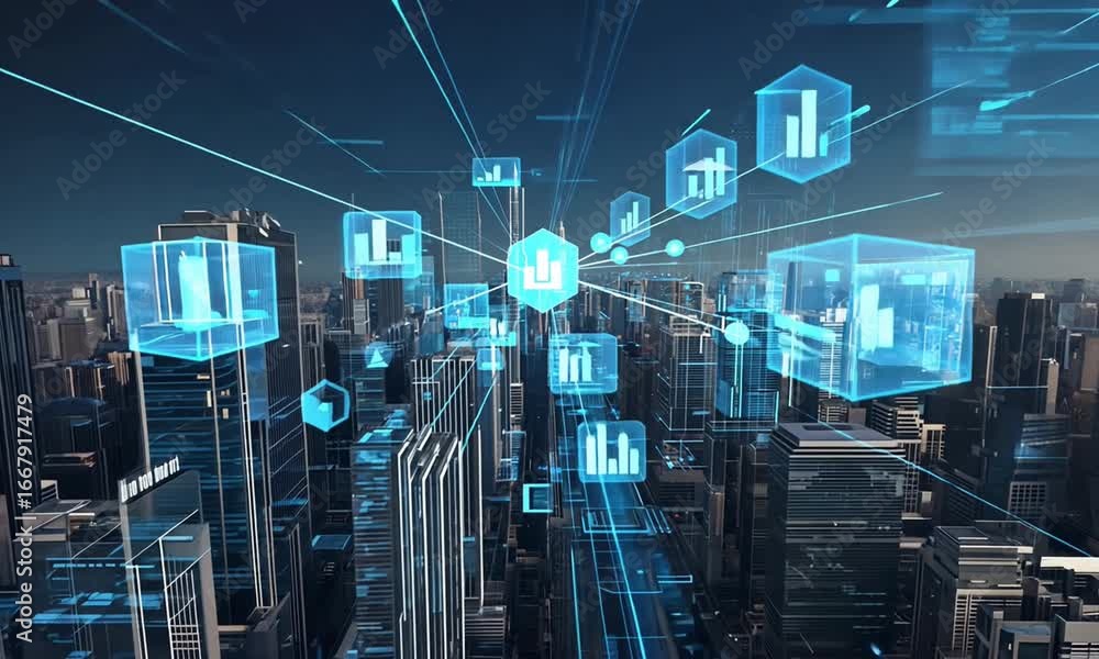 Poster futuristic cityscape with glowing blue lines and data visualizations over modern buildings and a log