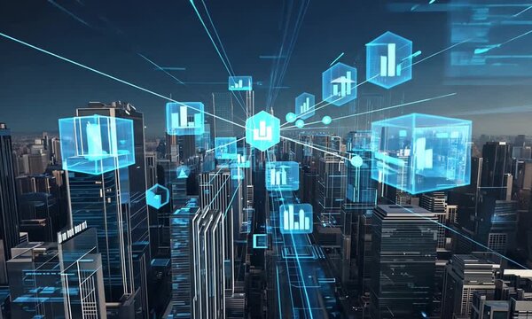 Futuristic cityscape with glowing blue lines and data visualizations over modern buildings and a logo