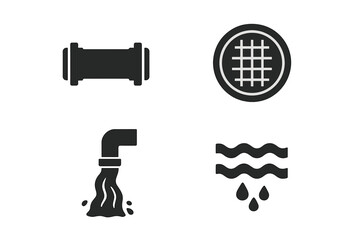 Sewer system vector icon set. Solid glyphs of plumbing and drainage components. Includes main sewer pipe, manhole cover, wastewater discharge, and sewage flow symbols.