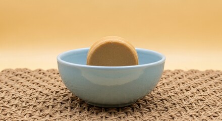 Delicious peanut butter treat in a blue bowl on a natural woven mat