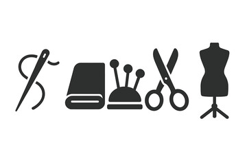 Sewing and tailoring solid glyph icon set. Vector collection of tailor tools for dressmaking, craft, and handmade fashion. Includes needle, thread, fabric, pincushion, scissors, mannequin.