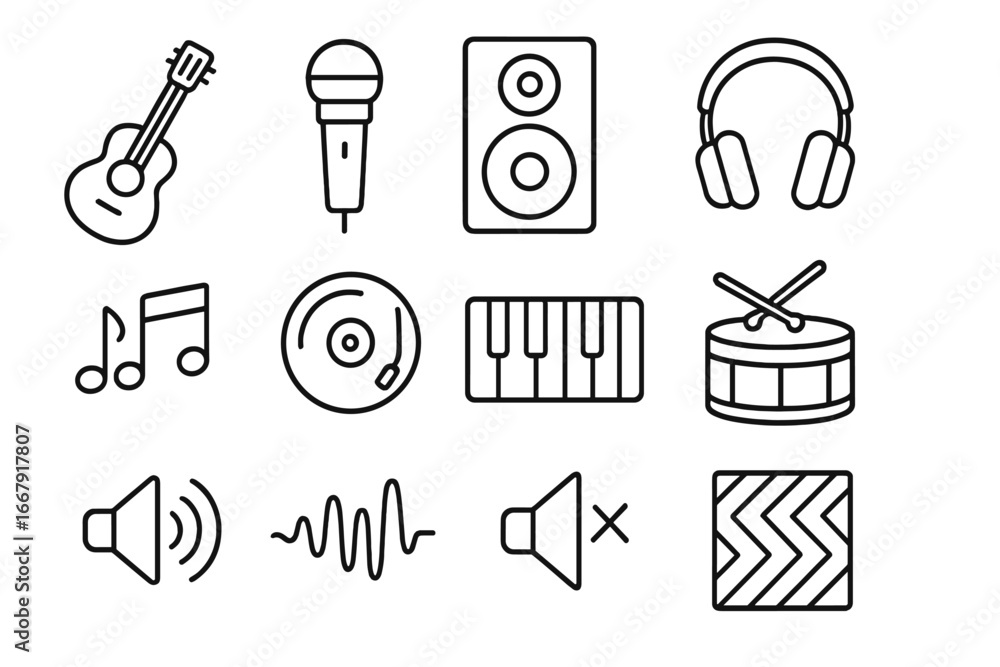 Poster music production line icon set. audio recording and sound wave symbols. vector collection of instrum