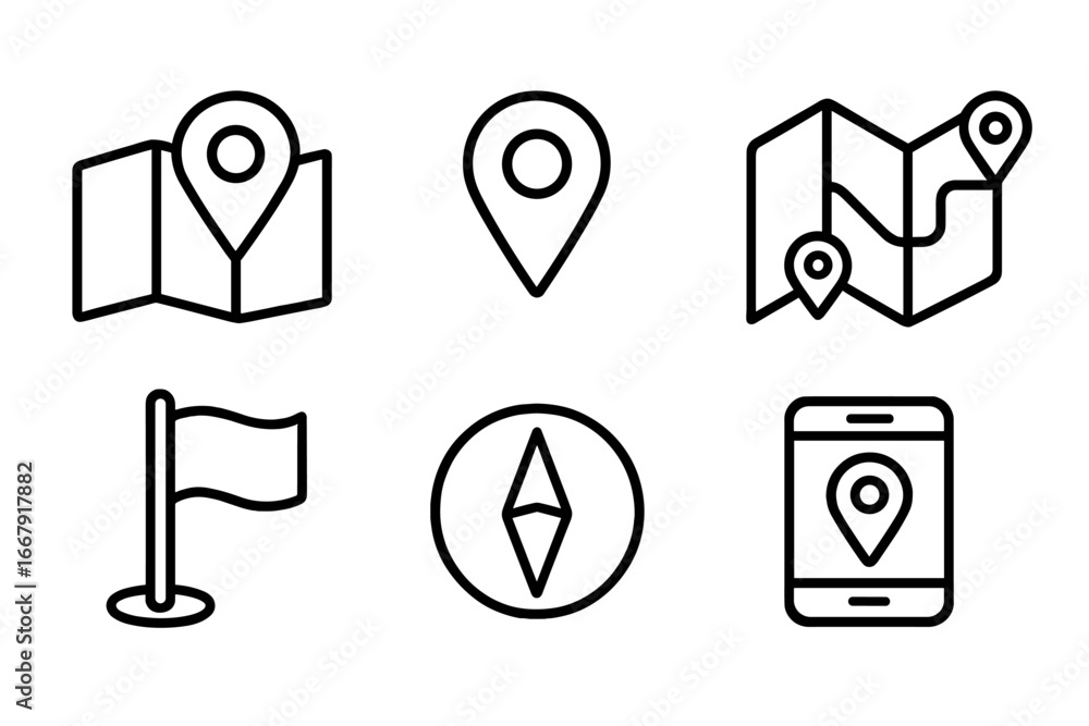 Poster navigation and map location icon set in an outline style for route planning. gps direction symbols. 