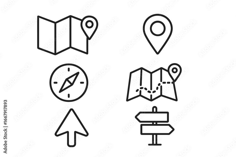 Poster navigation and map location icon set. vector outline icons for gps, route planning, and direction. i