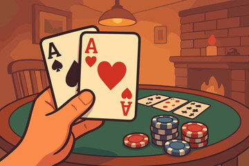 Winning hand with two aces at a cozy poker night card game. Gambling and leisure concept. Vector illustration of a player holding pocket aces with chips on the table.