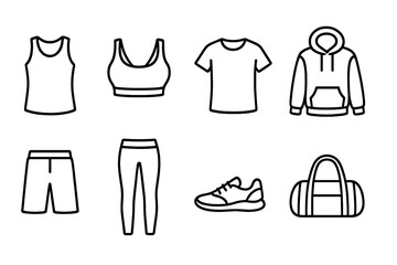 Fitness clothing line icon set. Gym apparel and sportswear linear collection. Vector icons for workout, training. Sports bra, leggings, hoodie, sneaker, gym bag illustration.