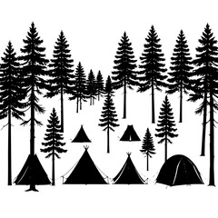 Obraz premium Silhouette of tents and pine trees in a forest camping scene vector