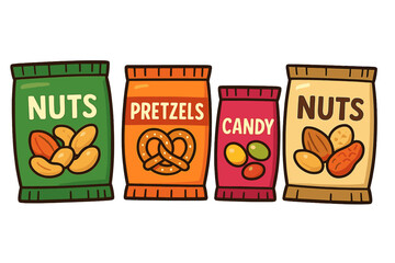 Snack packets vector illustration set. Collection of cartoon nuts, pretzels, candy bags. Junk food items for vending machine display. Salty and sweet snacks in colorful packaging.