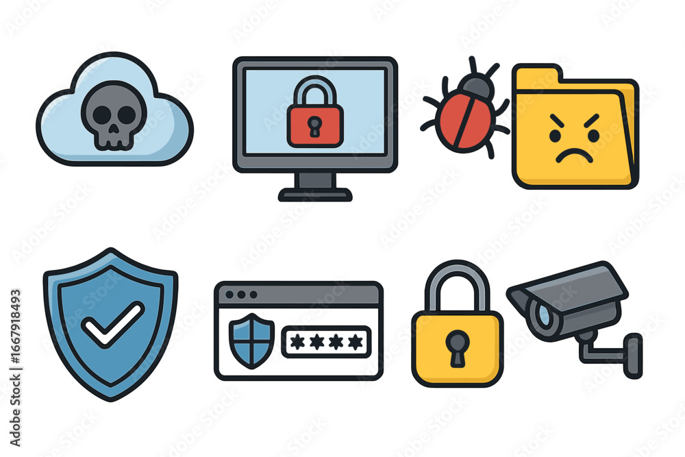 Poster cybersecurity icon set. vector symbols for internet security, data protection, virus threat, malware