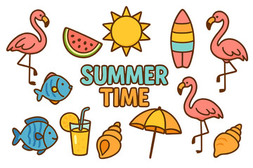 Summer time beach icon set. Cute cartoon vector collection with flamingo, fish, sun, surfboard, watermelon, juice, shell. Tropical vacation travel holiday doodle elements.
